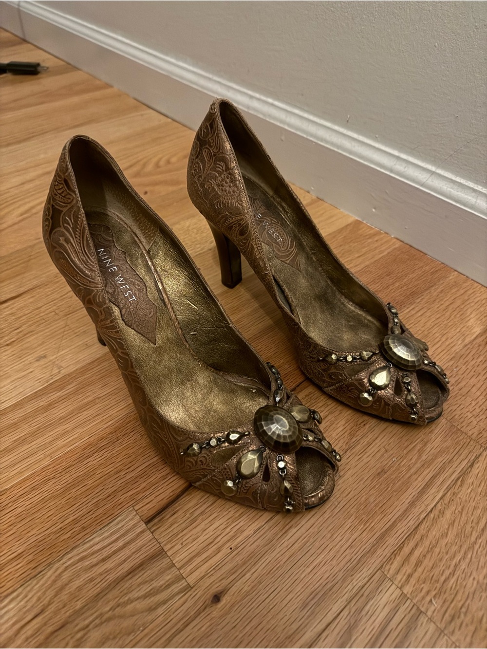 Nine West Bronze Embellished Peep-Toe Heels
